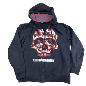 Walking Dead Hoodie Men Medium Black Full Zip Jacket Y2K Flame Skull Punk Zombie